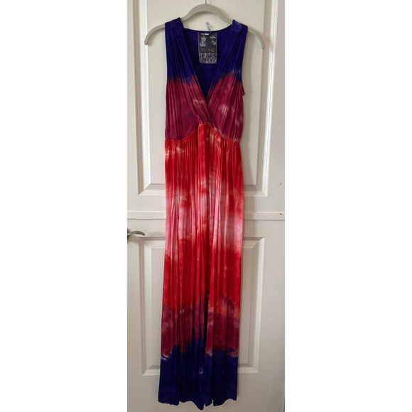 Young Fabulous & Broke Ombre V-Neck Maxi Dress Red Indigo Blue Fuschia Medium